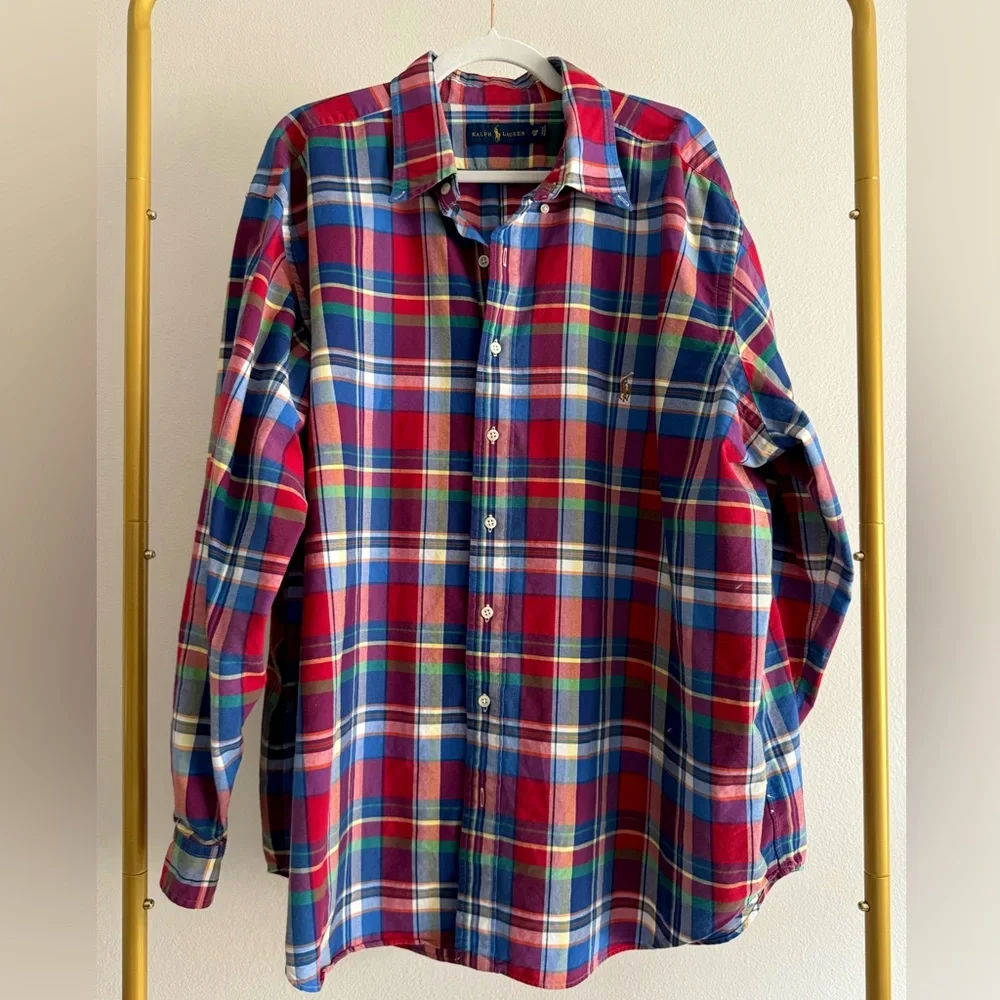 Ralph Lauren Men's Sz 2X Red Blue Plaid Classic Oxford Shirt 100%‎ Cotton
